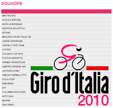 De lijst van deelnemende renners voor de Giro d'Italia 2010 en hun rugnummers