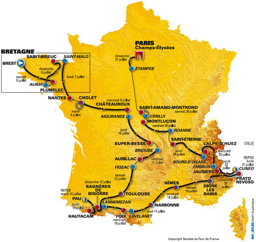 De kaart met het parcours van de Tour de France 2008