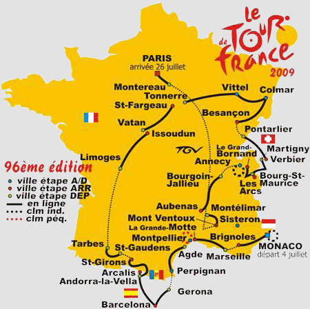 De voorlopige kaart van het parcours van de Tour de France 2009