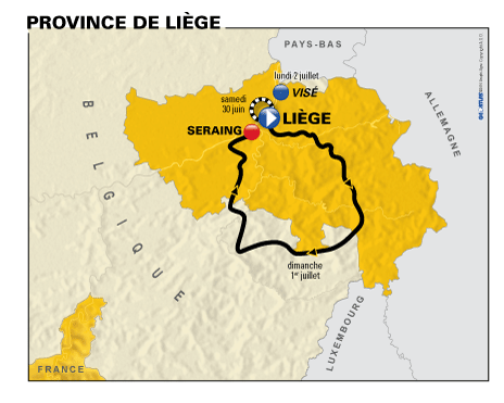 De kaart van het Grand Départ van de Tour de France 2012 in Luik, Seraing en Wezet