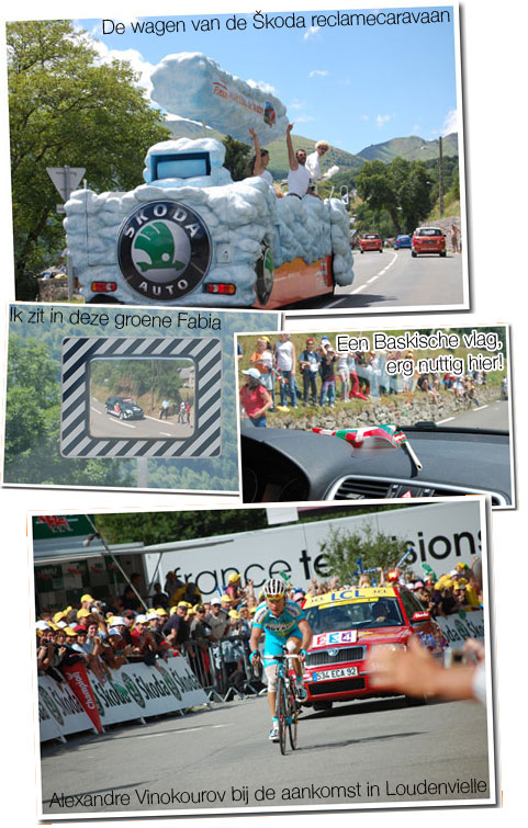 23 juli 2007 - Foix > Loudenvielle-le Louron : de vrachtwagen van de koda reclamecaravaan, de nieuwe koda Fabia, de Baskische vlag die hier erg nuttig is, Alexandre Vinokourov bij de finish in Loudenvielle