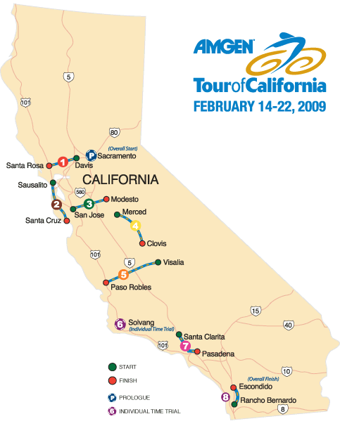 De kaart van de Amgen Tour of California