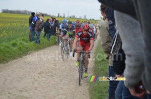 The peloton getting to the end of cobble stones sector 20 (385x)