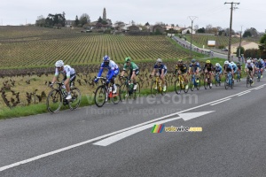 The peloton in a long single line just outside Saint Fiacre (397x)